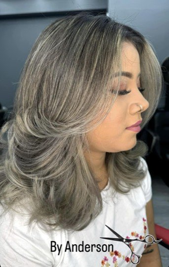 Ash gray color with layers and face framing.